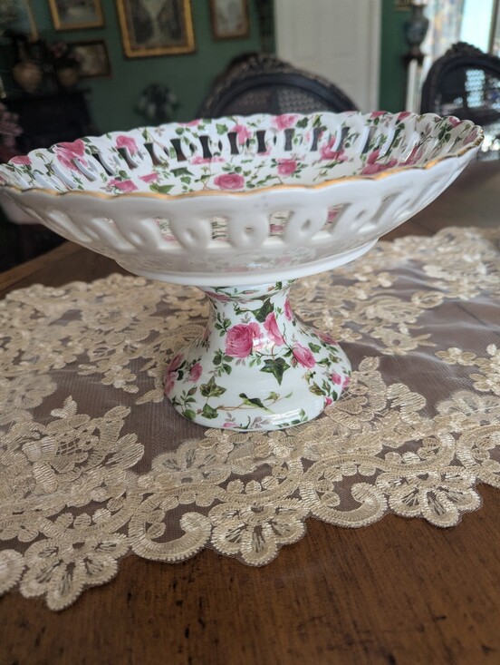 Other - Porcelain Pedestal Compote with Pink Rose Pattern